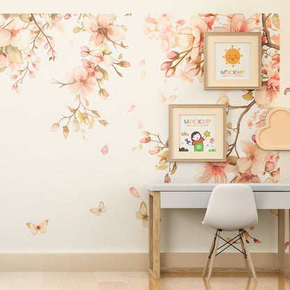 Kids-Mundo cherry blossom and butterfly mural shown on a child's bedroom wall