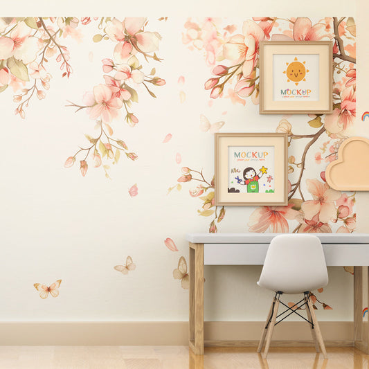 Kids-Mundo cherry blossom and butterfly mural shown on a child's bedroom wall