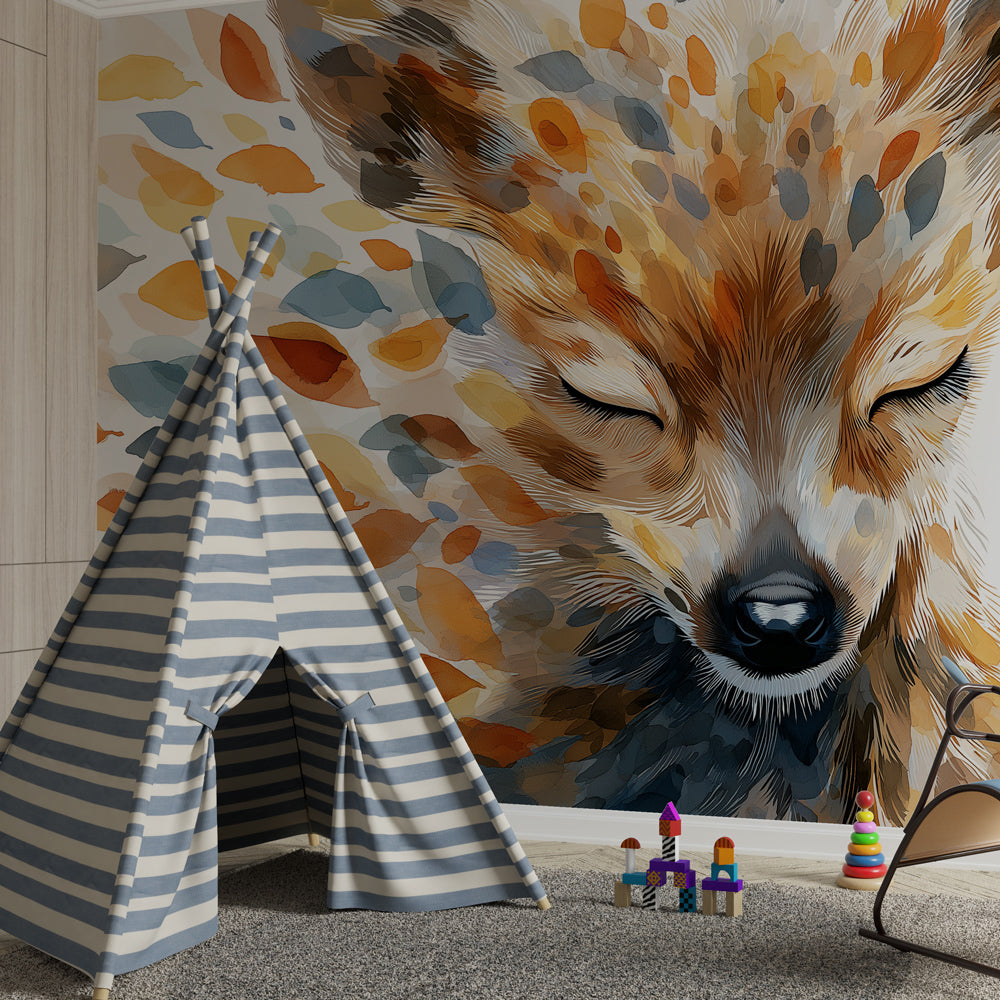 Kids-Mundo deer wall mural featuring painterly autumn leaves on a child's bedroom feature wall.