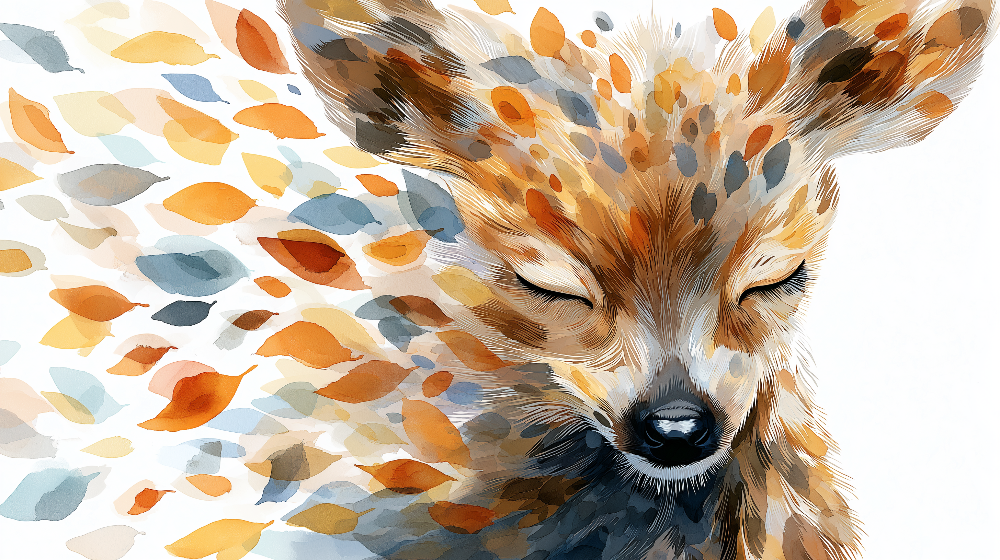 Kids-Mundo flat artwork of a watercolour deer with autumn leaves drifting from its coat.