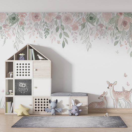 Kids-Mundo watercolour fawn and blush floral wall mural in a toddler's kids bedroom with a single bed