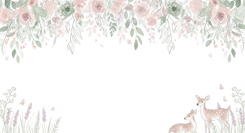 Kids-Mundo flat artwork preview of the watercolour fawn and blush floral nursery wall mural design