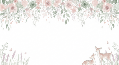 Kids-Mundo flat artwork preview of the watercolour fawn and blush floral nursery wall mural design