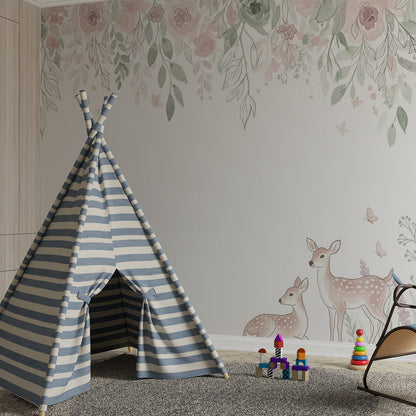 Kids-Mundo watercolour fawn and blush floral wall mural on a feature wall in a bright children's playroom