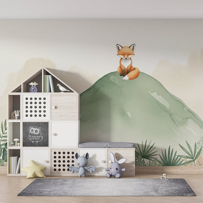 Kids-Mundo fox and green hill wall mural behind a bed in a woodland kids bedroom.