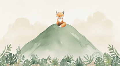 Kids-Mundo flat artwork of a watercolour fox sitting on a green hill with tropical leaves.