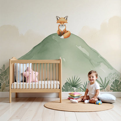 Kids-Mundo watercolour fox wall mural styled in a soft, nature-themed nursery.