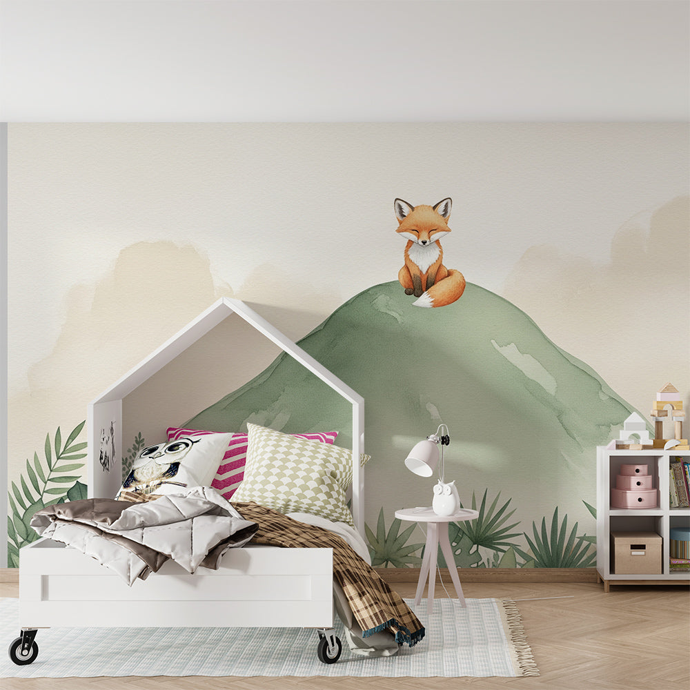 Kids-Mundo watercolour fox wall mural brightening a woodland-themed playroom wall.