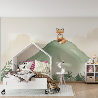 Kids-Mundo watercolour fox wall mural brightening a woodland-themed playroom wall.