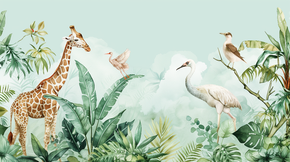 Watercolour Giraffe and Tropical Birds Wall Mural