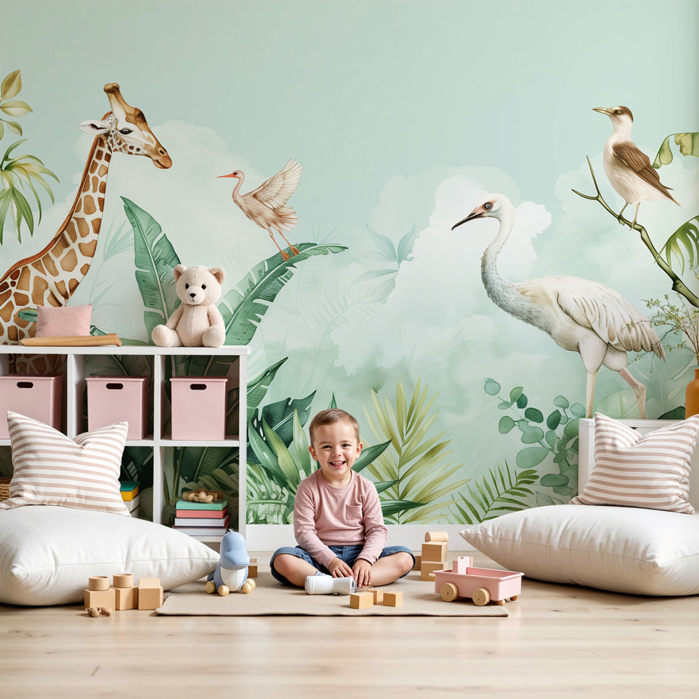Kids-Mundo watercolour giraffe and tropical bird wall mural styled in a calm baby nursery