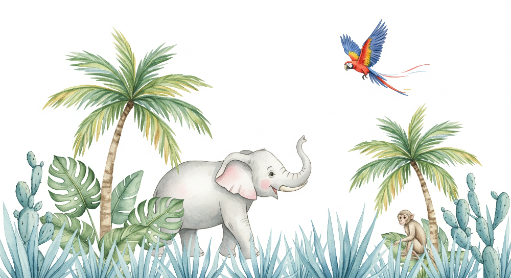 Kids-Mundo watercolour jungle artwork with elephant, macaw and monkey on a white background