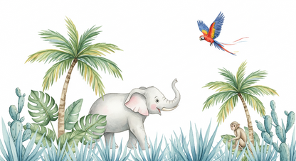 Kids-Mundo watercolour jungle artwork with elephant, macaw and monkey on a white background