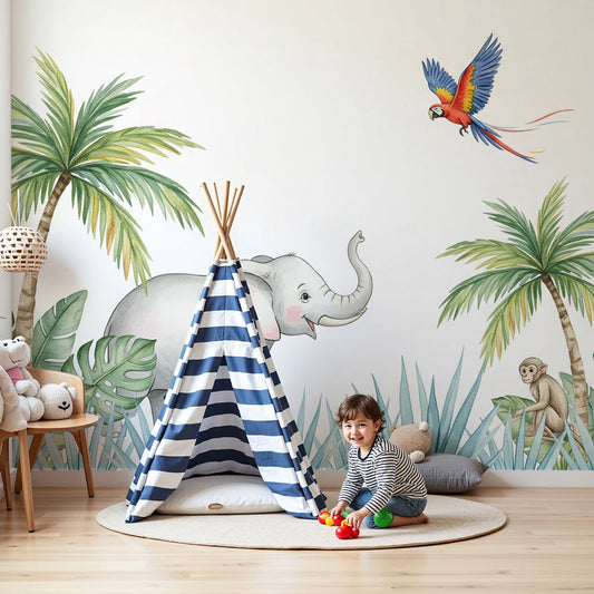 Kids-Mundo jungle elephant wall mural styled in a light, airy nursery with a cot and soft rug