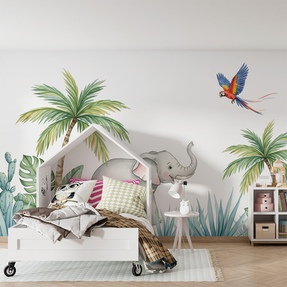 Kids-Mundo elephant and jungle animal mural brightening a fun children's playroom wall