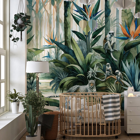 Kids-Mundo tropical jungle wall mural with leopard above a bed in a bedroom