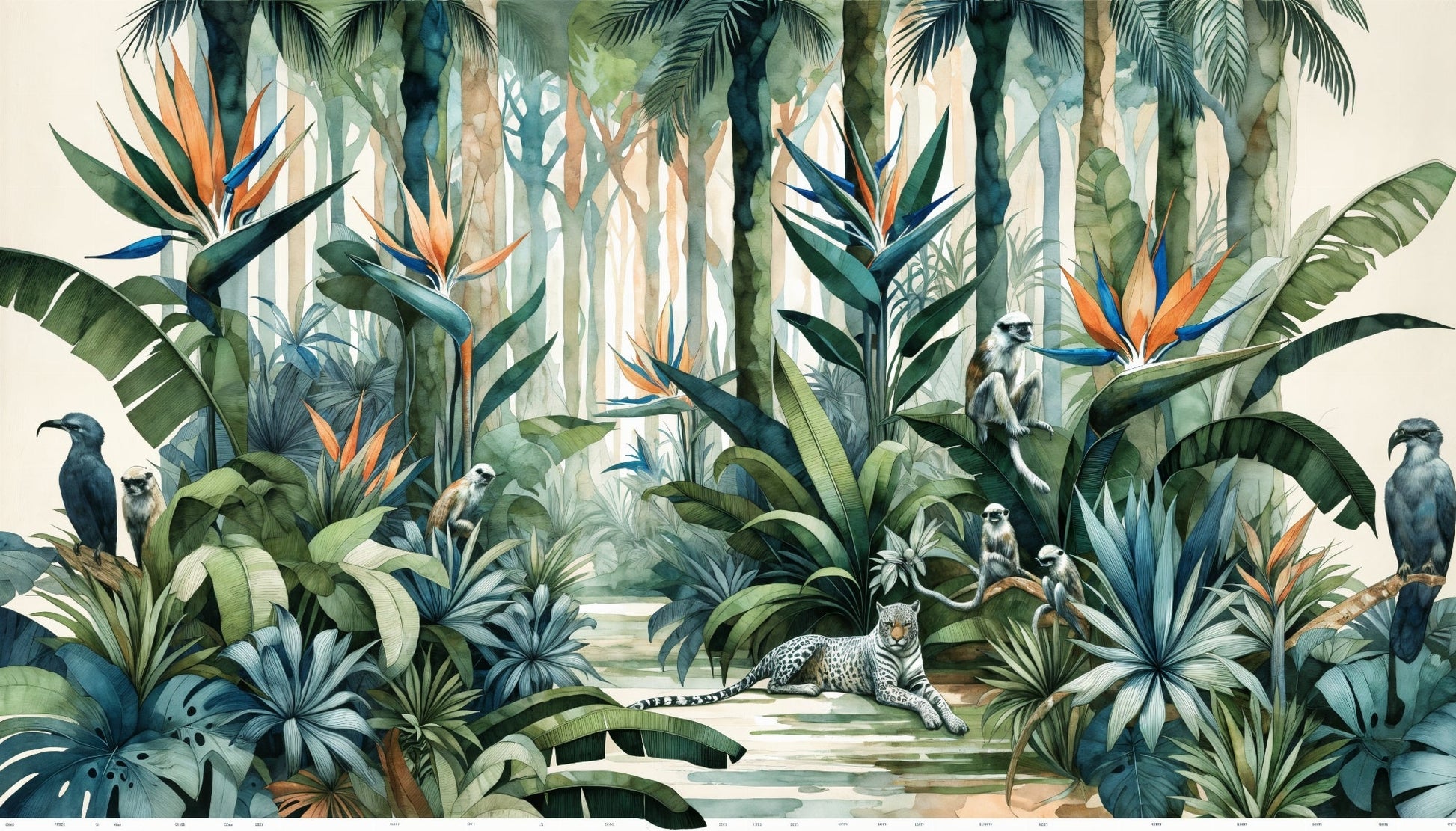 Flat artwork preview of the Kids-Mundo watercolour jungle leopard and tropical flowers mural