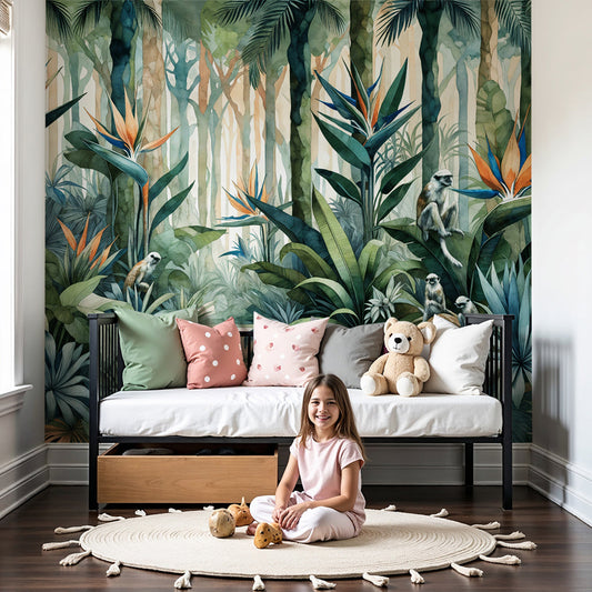 Watercolour jungle leopard wall mural by Kids-Mundo styled in a lush green nursery