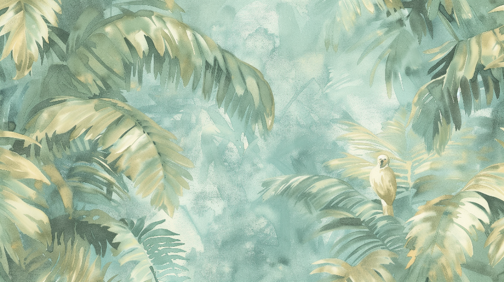Kids-Mundo flat artwork preview showing the full watercolour jungle palm wall mural design.