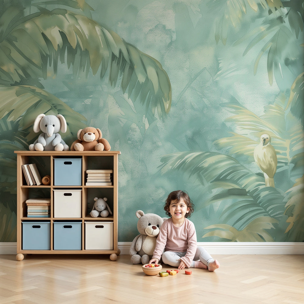 Kids-Mundo watercolour jungle palm wall mural styled in a calm, light-filled nursery setting.