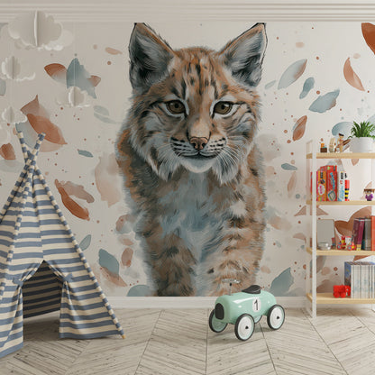 Kids-Mundo watercolour lynx wall mural in a kids bedroom with amber and dusty blue leaf accents.