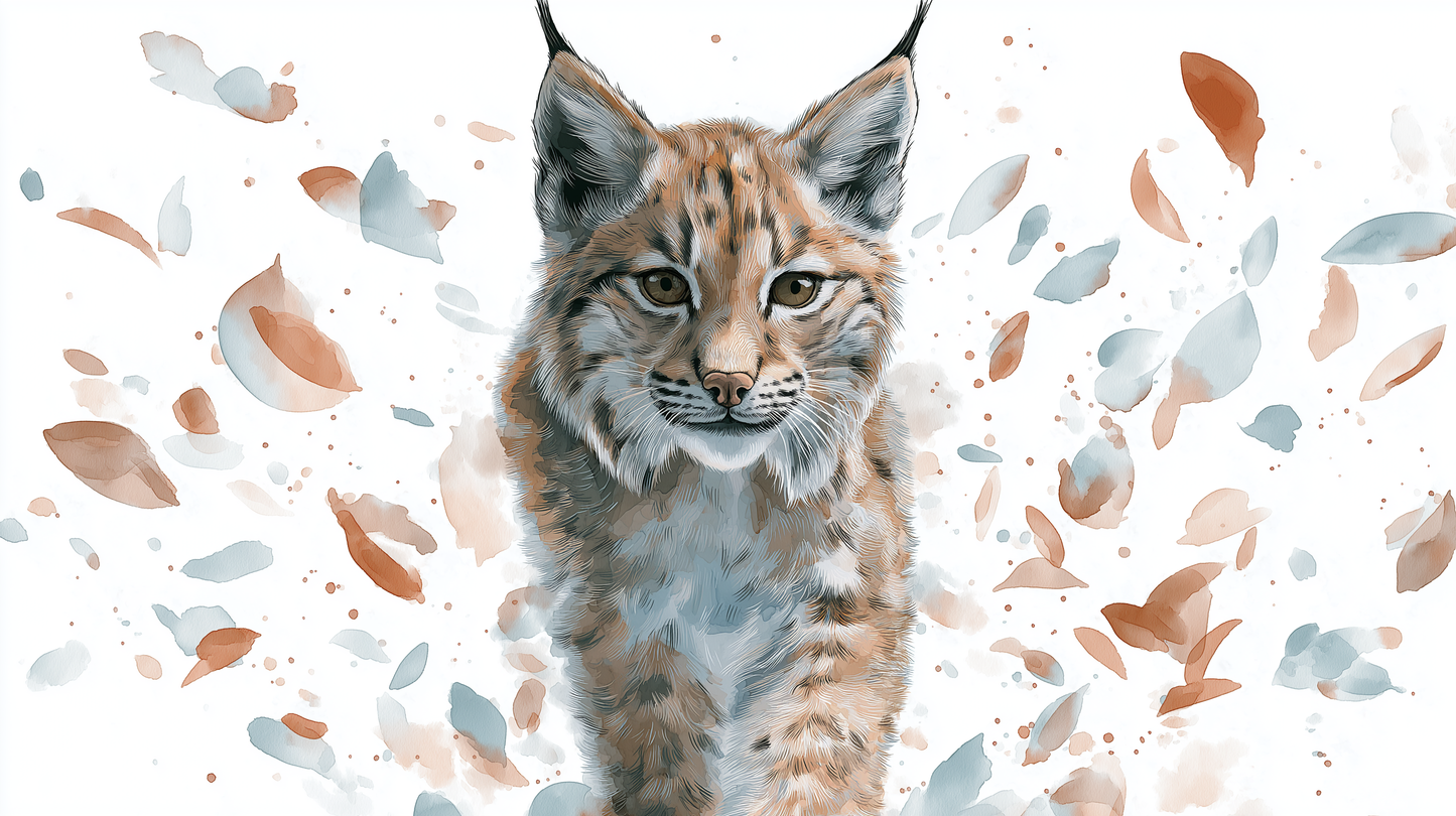 Kids-Mundo watercolour lynx cub wall mural artwork with drifting leaves in amber and grey tones.