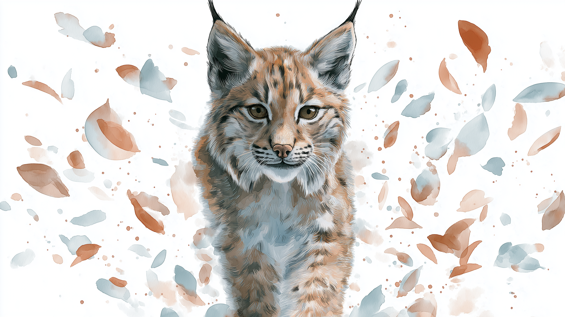 Kids-Mundo watercolour lynx cub wall mural artwork with drifting leaves in amber and grey tones.