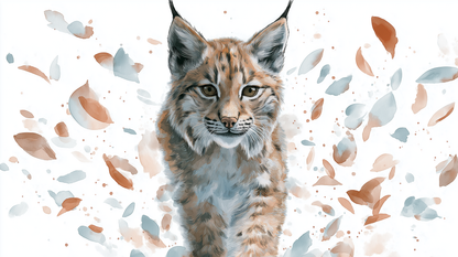 Kids-Mundo watercolour lynx cub wall mural artwork with drifting leaves in amber and grey tones.