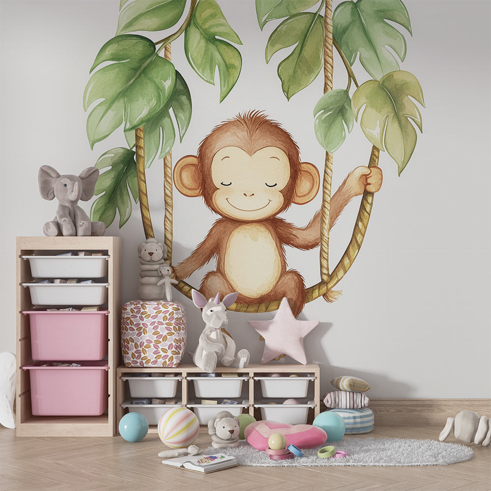 Kids-Mundo soft watercolour monkey wall mural adding charm to a kids' playroom