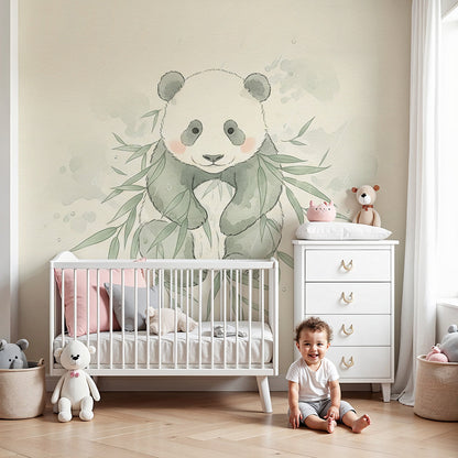Kids-Mundo watercolour panda bamboo wall mural printed to fit a nursery feature wall