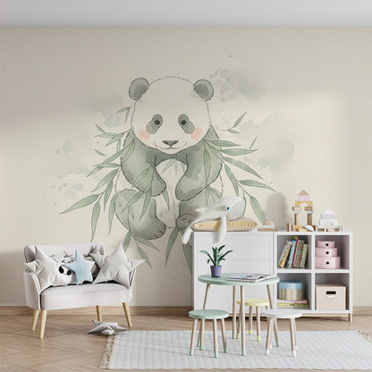 Kids-Mundo watercolour bamboo panda mural adding softness to a playroom wall