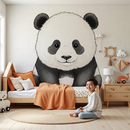 Kids-Mundo panda wall mural in a soft nursery, made to measure with a watercolour-style panda cub.