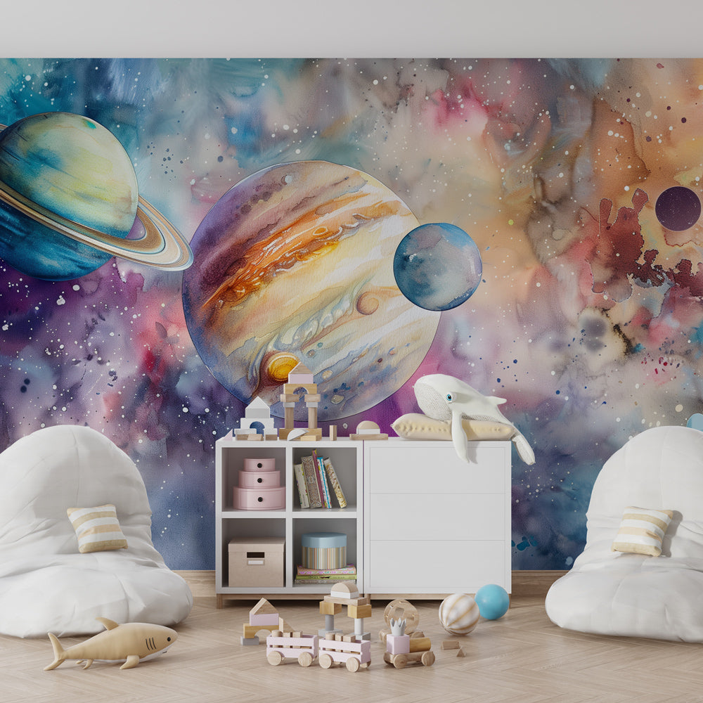 Kids-Mundo watercolour planets wall mural bringing cosmic colour to a playroom wall