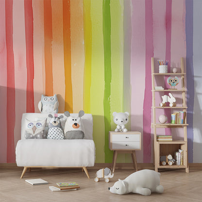 Kids-Mundo rainbow stripe wallpaper mural styled in a colourful kids bedroom with soft watercolour tones