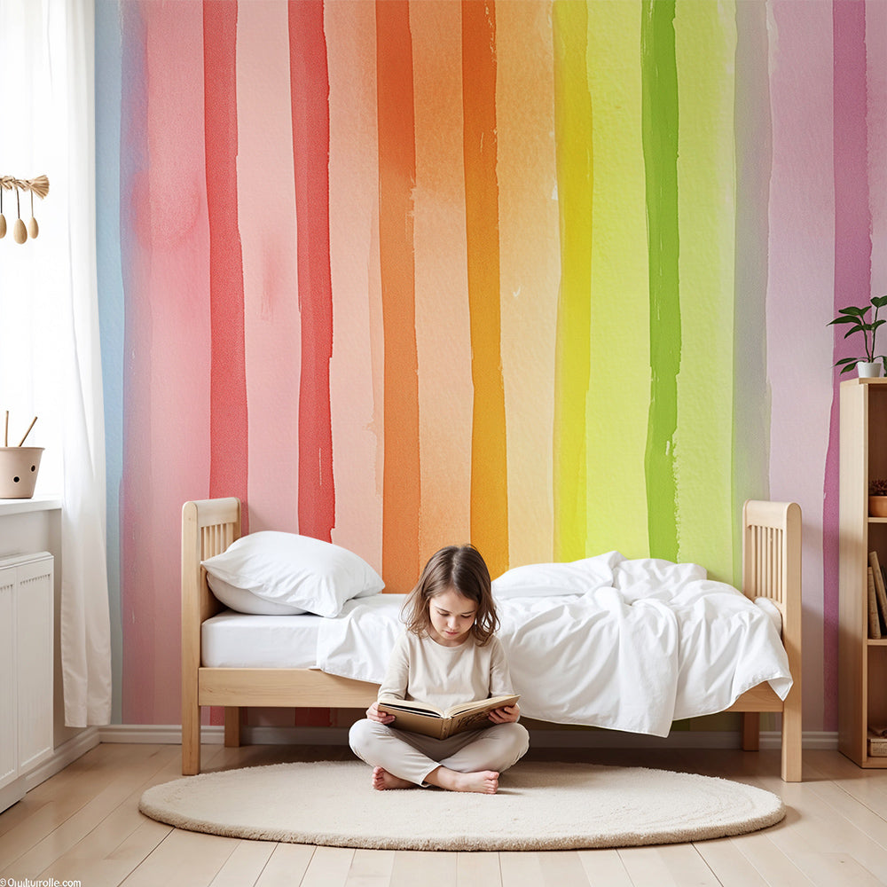 Kids-Mundo watercolour rainbow stripe wall mural made to measure for a bright nursery wall