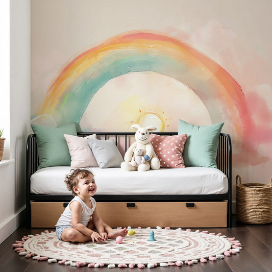 Kids-Mundo watercolour rainbow and sun mural on a nursery wall behind a white cot