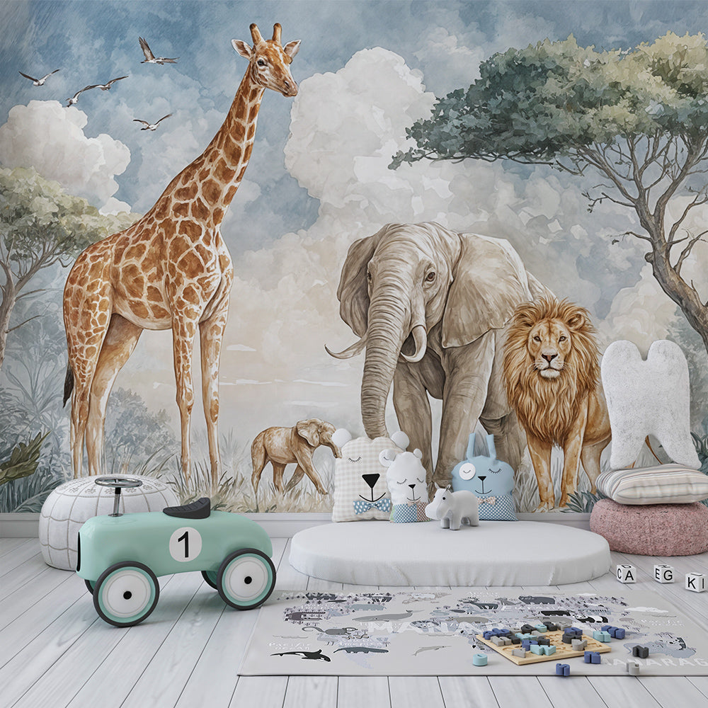 Kids-Mundo watercolour safari wall mural bringing gentle animals to a child's bedroom wall
