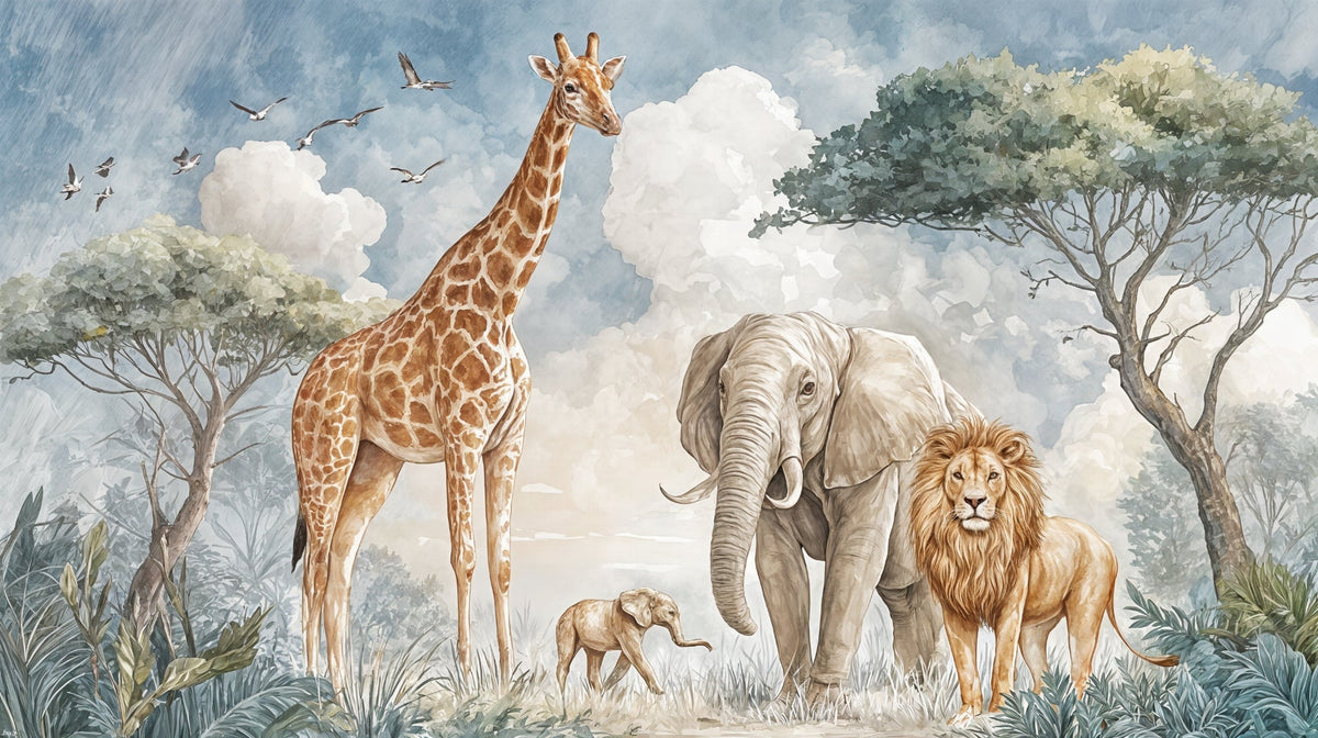 Watercolour Safari Giraffe, Elephant and Lion Wall Mural