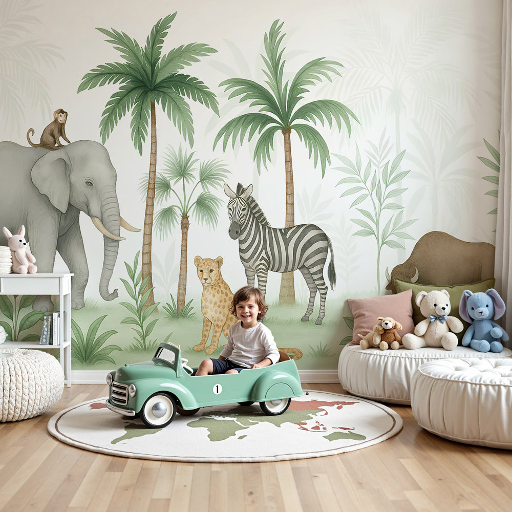 Watercolour safari animal wall mural by Kids-Mundo styled in a calm, soft nursery