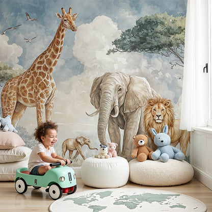 Kids-Mundo watercolour safari wall mural with giraffe and elephant in a soft neutral nursery