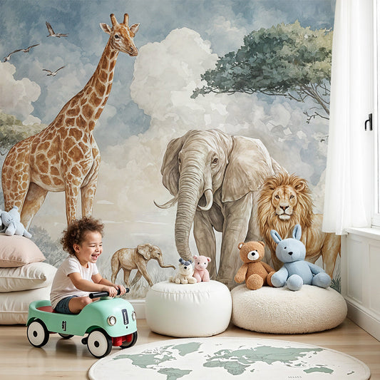 Kids-Mundo watercolour safari wall mural with giraffe and elephant in a soft neutral nursery