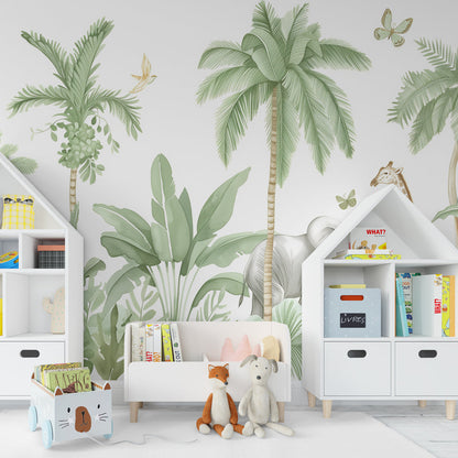 Kids-Mundo watercolour safari animals wall mural brightening a green-themed children's playroom.