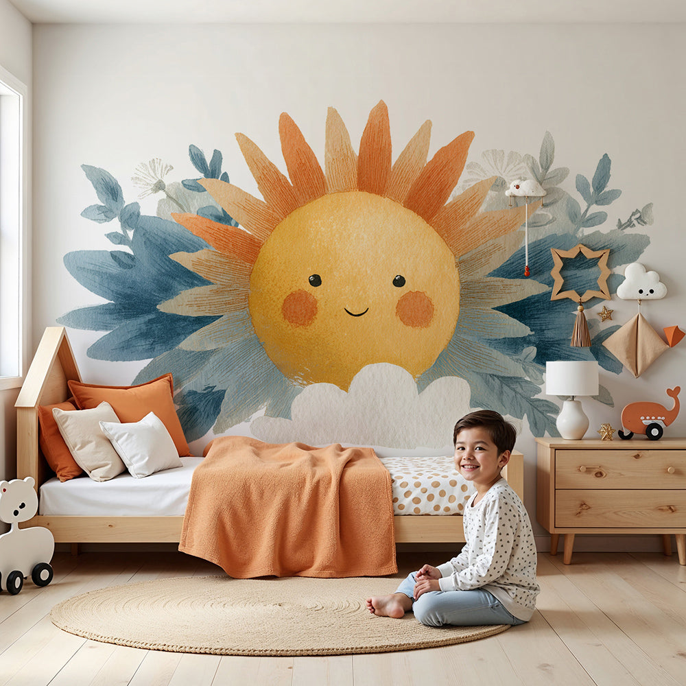 Kids-Mundo watercolour sun wall mural styled above a cot in a calm, sunlit baby nursery