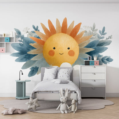Kids-Mundo watercolour sun wall mural brightening a playroom wall above a reading corner