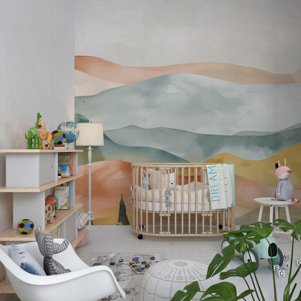 Warm watercolour mountain wall mural styled on a kids bedroom wall by Kids-Mundo