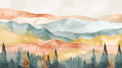 Flat artwork of layered watercolour mountains in terracotta and gold, Kids-Mundo mural