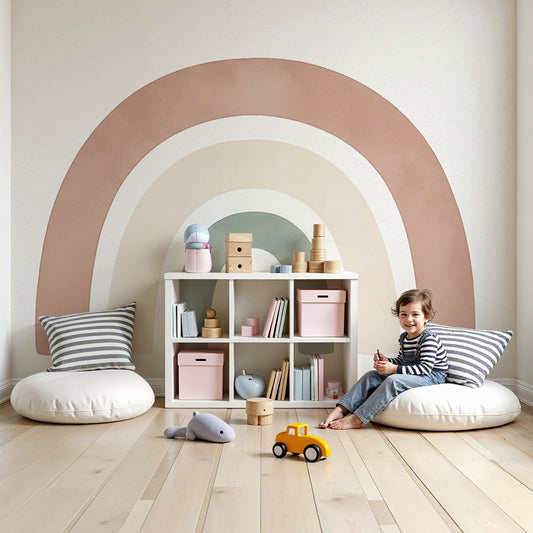 Kids-Mundo watercolour terracotta rainbow wall mural covering a nursery feature wall