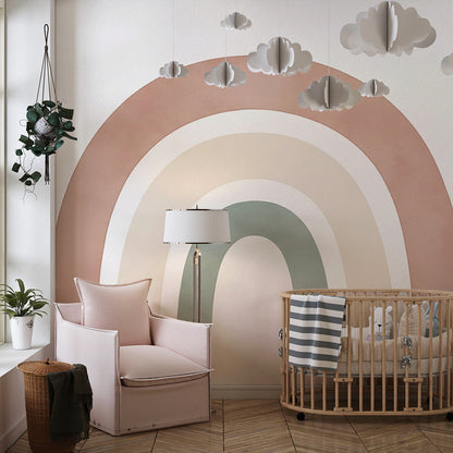 Kids-Mundo terracotta rainbow wall mural on the reading corner wall of a playroom
