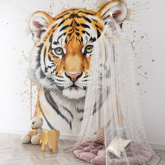 Kids-Mundo watercolour tiger mural adding character to a child's bedroom wall