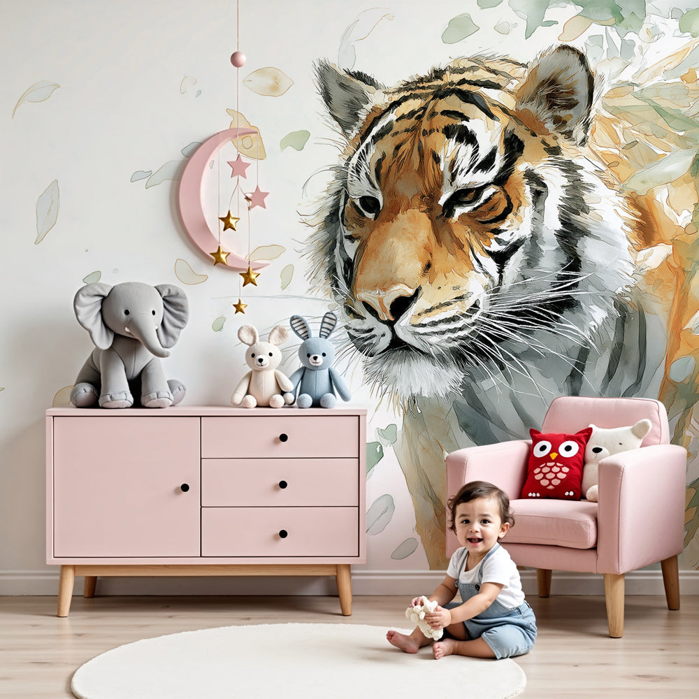 Kids-Mundo watercolour tiger wall mural styled above a cot in a soft green nursery